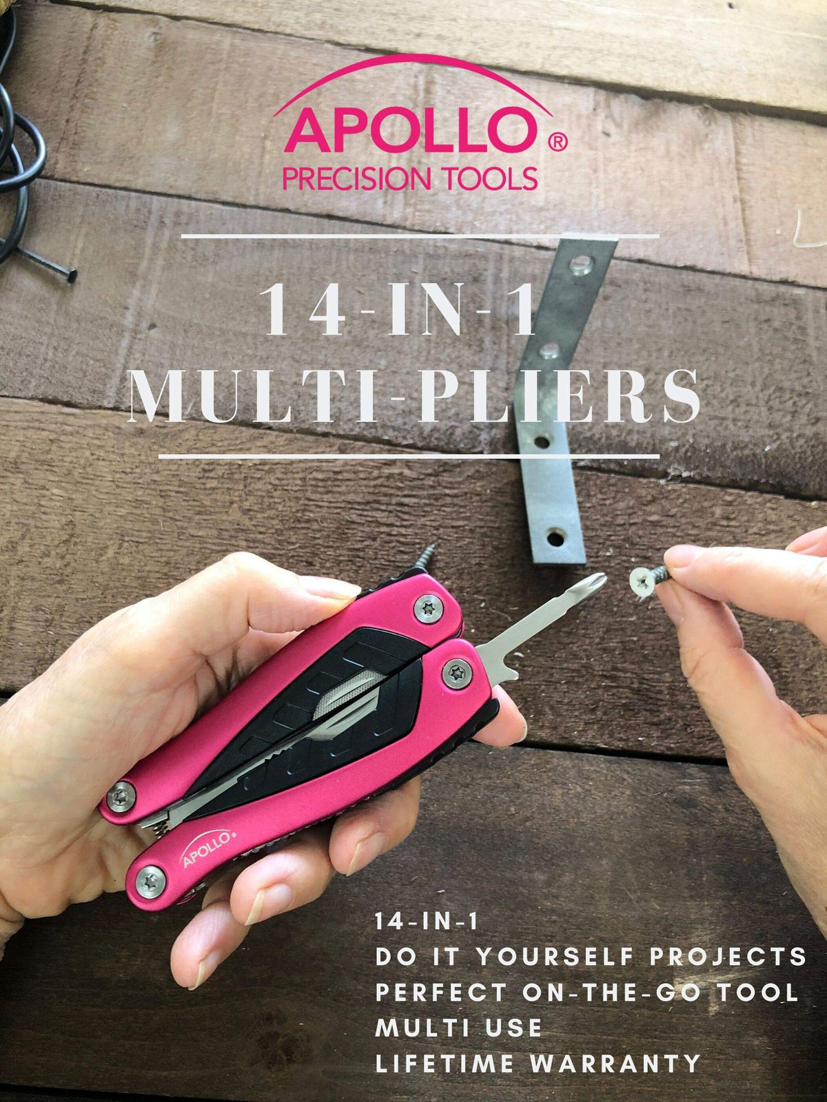 Apollo Tools 14-in-1 Steel Pocket Multitool Pliers, Dozens of Uses for Everyday Life, Repairs, Survival, Outdoors, Camping, Fishing - Pink Ribbon - Pink - DT5015P