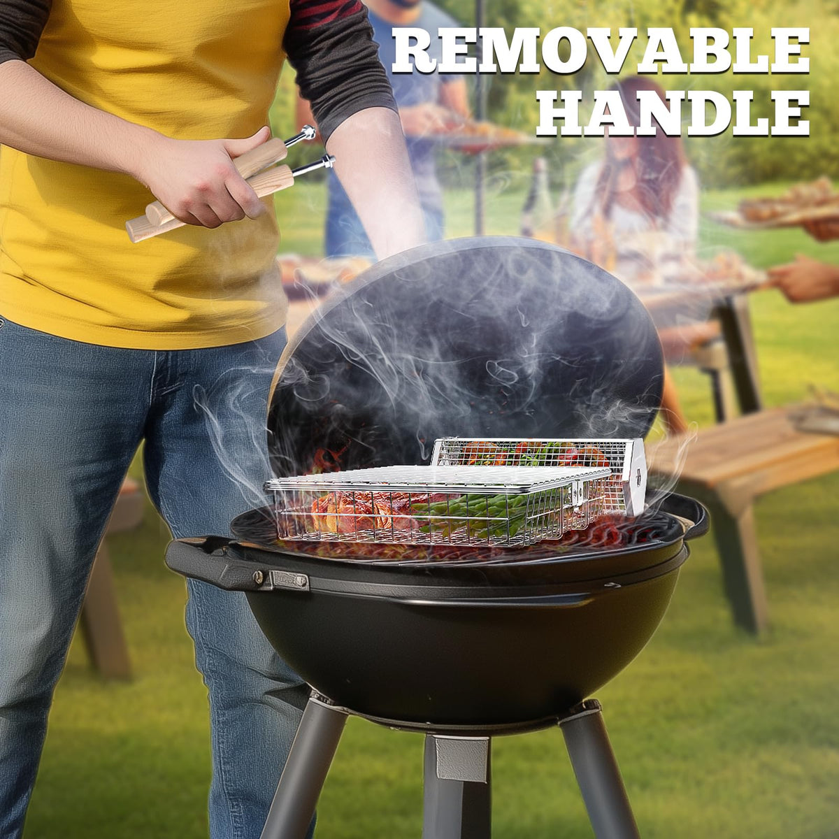 ivtivfu Grill Basket Set, Removable Wooden Handle, 304 Stainless Steel, Rolling BBQ Tools, Smoker Grilling Accessories for Vegetable Fish, Outdoor Cooking Camping, Birthday Gifts for Men Dad Husband