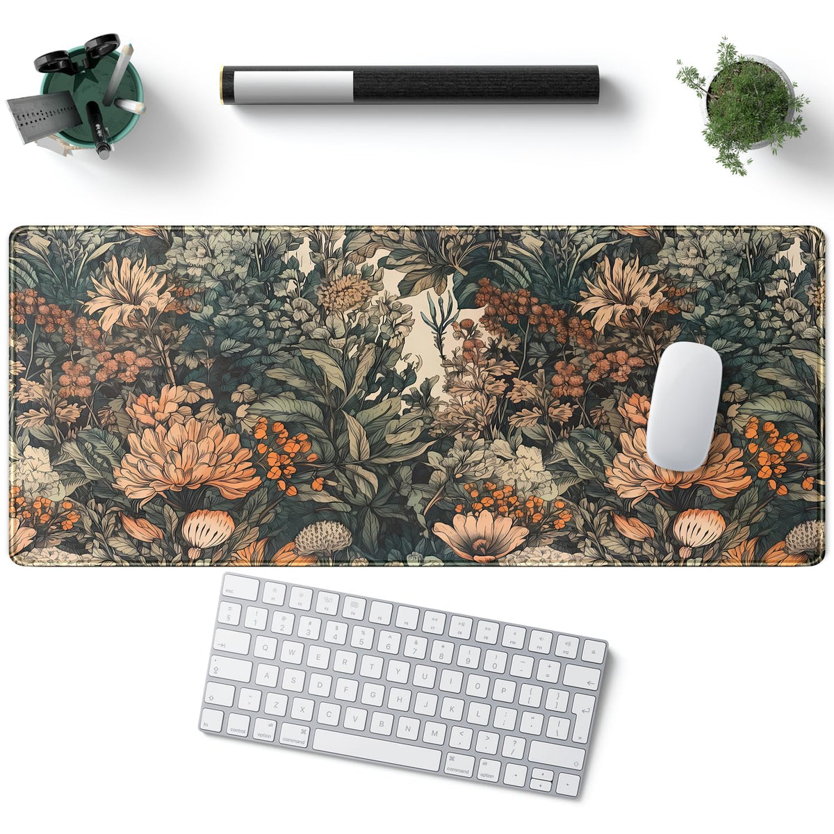 Flower Vintage Desk Pad Aesthetic Desk Mat Flower Mouse Pad Computer Big Mousepad Non-Slip Base Gaming Keyboard Giant Mouse Pad Computer Mat for Laptop Office with Stitched Eges 31.5x11.8 in