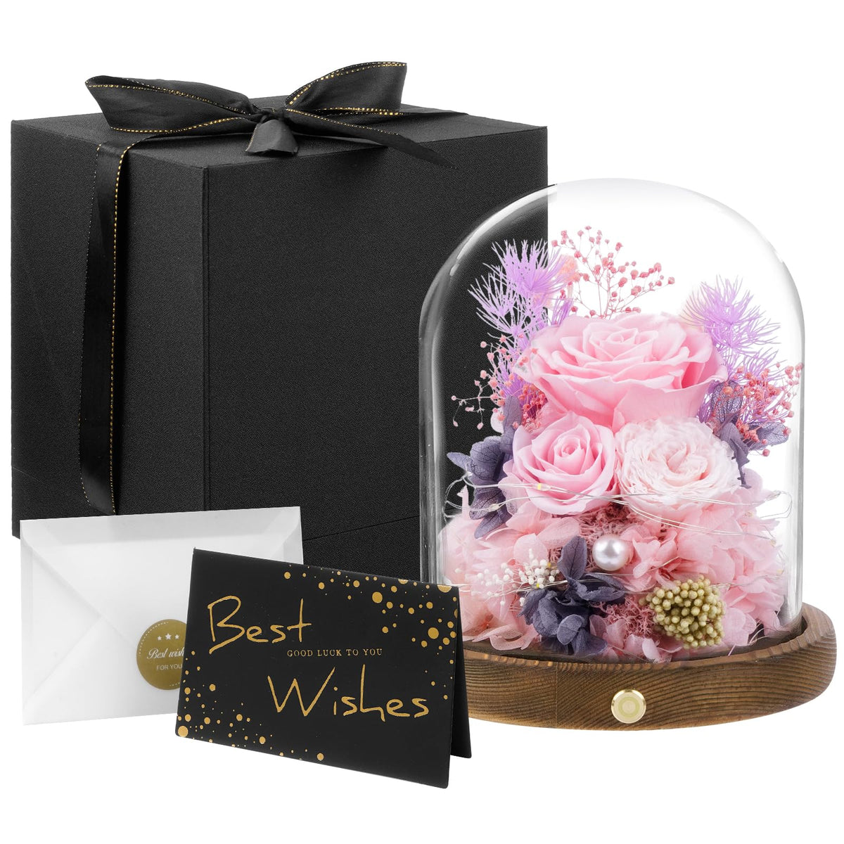 Large Preserved Flowers with Card&Box-Flowers for Delivery Prime,Eternal Rose with Lights,Roses in Glass Dome,Romantic Gift for Her,Decoration,Fresh Rose Flowers for Mom, Birthday, Anniversary (Pink)