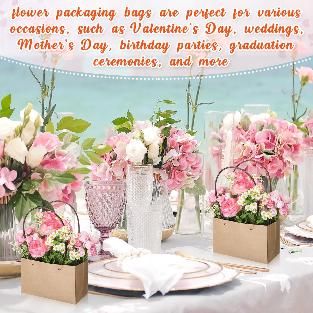 6 Set Mother's Day Flower Gift Boxes with Floral Foam Blocks, Bouquet Carrier Bags with Handle, Paper Flower Box for Bouquet, Floral Arrangement Box for Birthday, Wedding Party Favor(Brown)