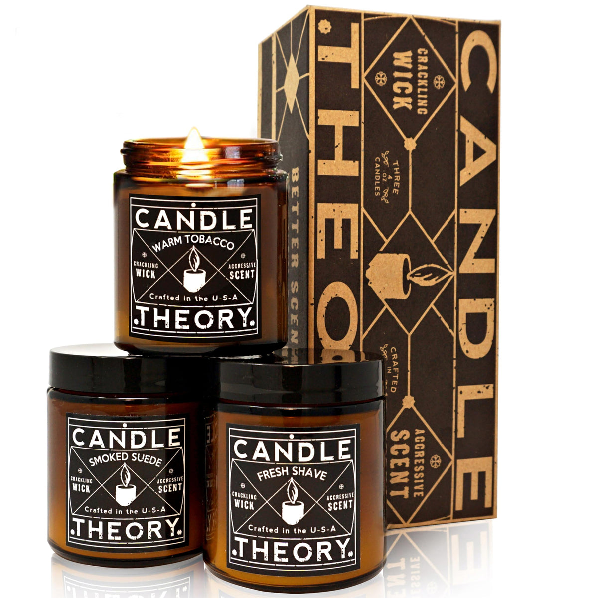 Candle Theory Man Cave Stuff Men 4oz Candles Set of 3, Crackling Woodwick Masculine Scent, Warm Tobacco Cigar, Smoked Suede, Fresh Shave