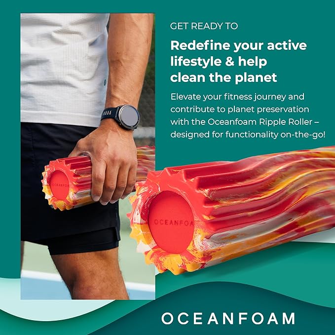 Oceanfoam Ripple Travel Foam Roller (11" x 3.35") Firm Mini Foam Roller for Physical Therapy, Deep Tissue Massage, Back Pain - High Density, Wave Textured, Yoga, Exercise (Red, Gold & Natural Marbled)