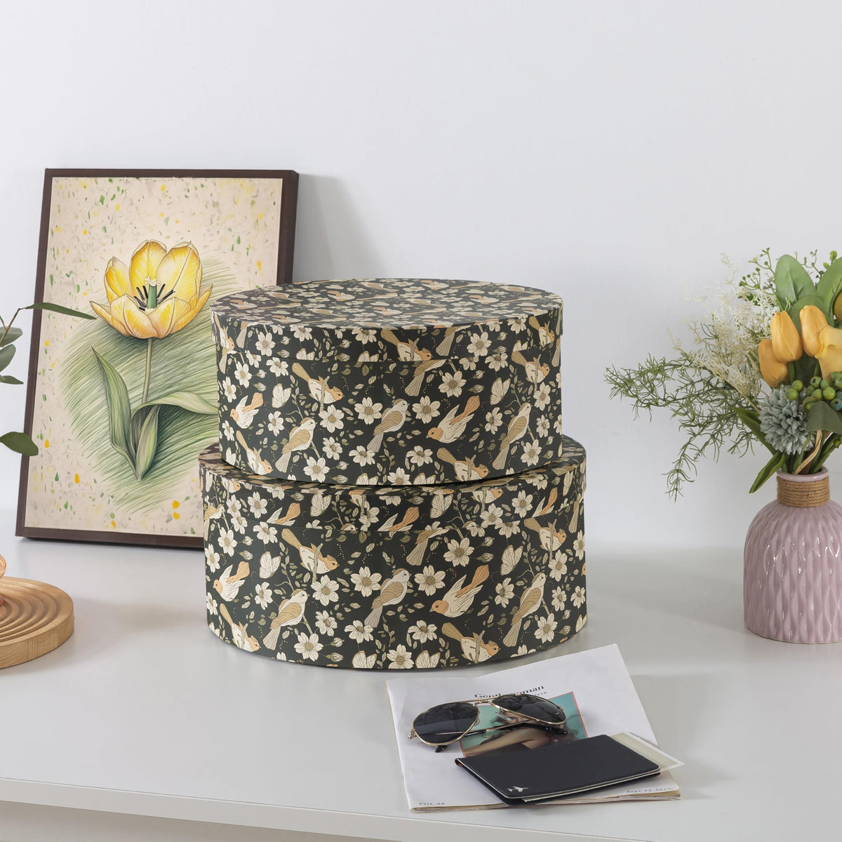 Soul & Lane Large Oval Cardboard Decorative Storage Boxes with Lids - Midnight Blossom Serenade, Set of 2 Cardboard Boxes for Flowers and Gifts, Nesting Memory Containers for Keepsakes and Organizing