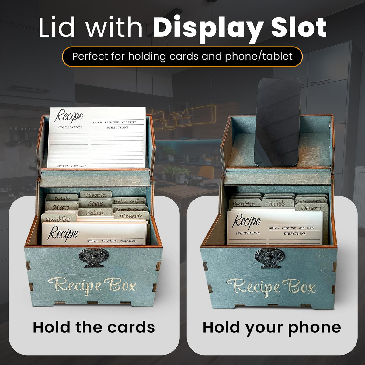 Albino monkey Wooden Recipe Box with 100 4x6 Cards and 9 Wood Dividers - Rustic Dark Teal Recipe Card Box Organizer & Family Recipe Keepsake - Bridal Shower & Housewarming Gift