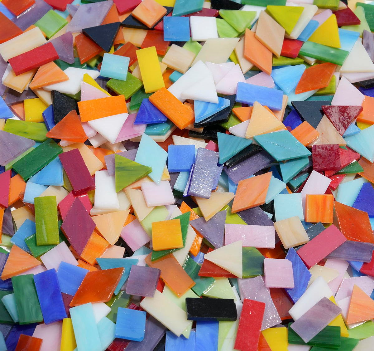 Lanyani Medium Size Glass Mosaic Tiles Pieces 1.3 Pounds Bulk, 400pcs Mixed Vibrant Color Stained Glass Pieces Tile for DIY Crafts Mosaic Making, Pre-Cut Tiles in 4 Shapes