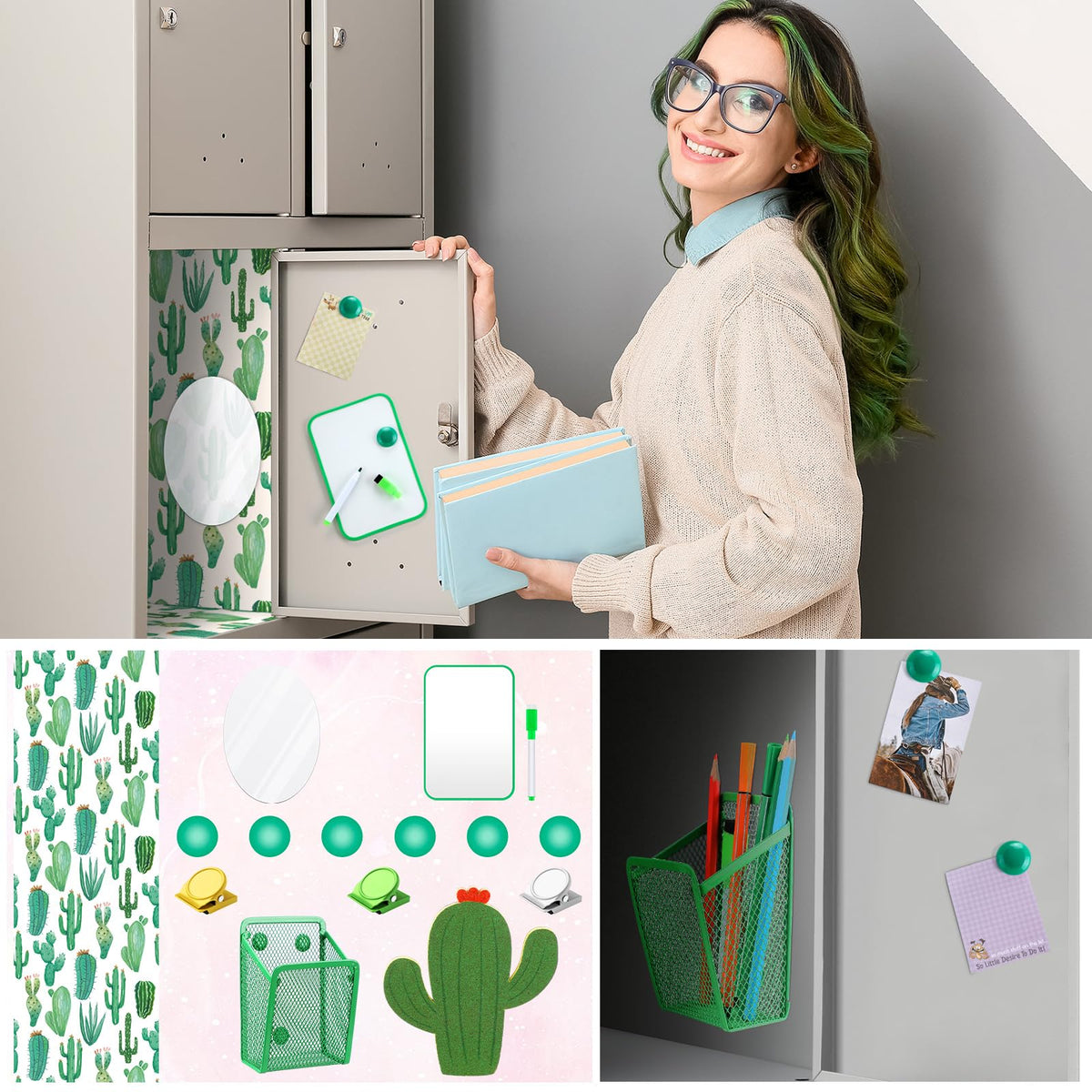 Harloon 15 Pcs Locker Decoration and Organizer Kit Locker Wallpaper Magnetic Pen Holder and Mirror Whiteboard Marker Cork Board with 3 Push Pins 3 Magnetic Clip 6 Magnets(Cactus)