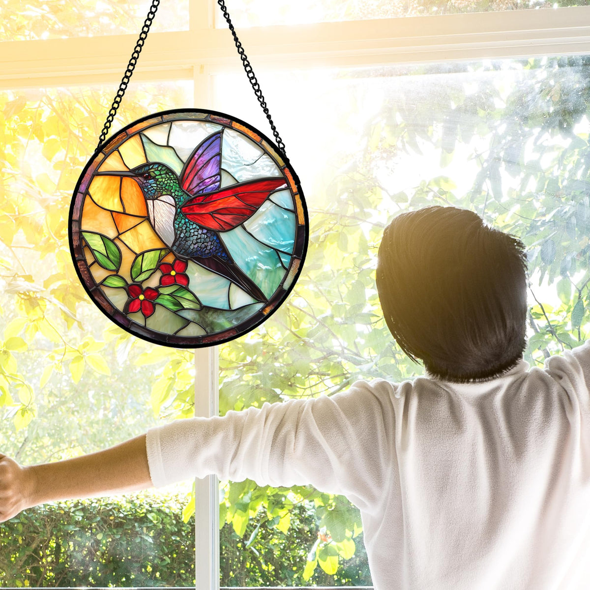 DASTOLL Stained Glass Window Hanging, Hummingbird Gifts Sun Catchers Diamond Glass Panel Hangings Birds Suncatcher Decor for Birthday for Women, Men, Wife, Aunt, and Mom 9.8X9.8IN