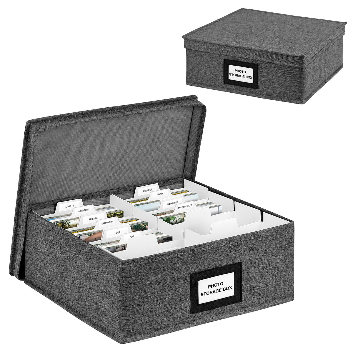 Photo Storage Box with Lid, Photo Organizer Box Fits Holds up to 1700 and 4x6 Pictures, with 8 Adjustable Dividers, 60 Labels, Photo Album Box for Envelopes, Scrapbooking, Recipes, Cards, Stamps
