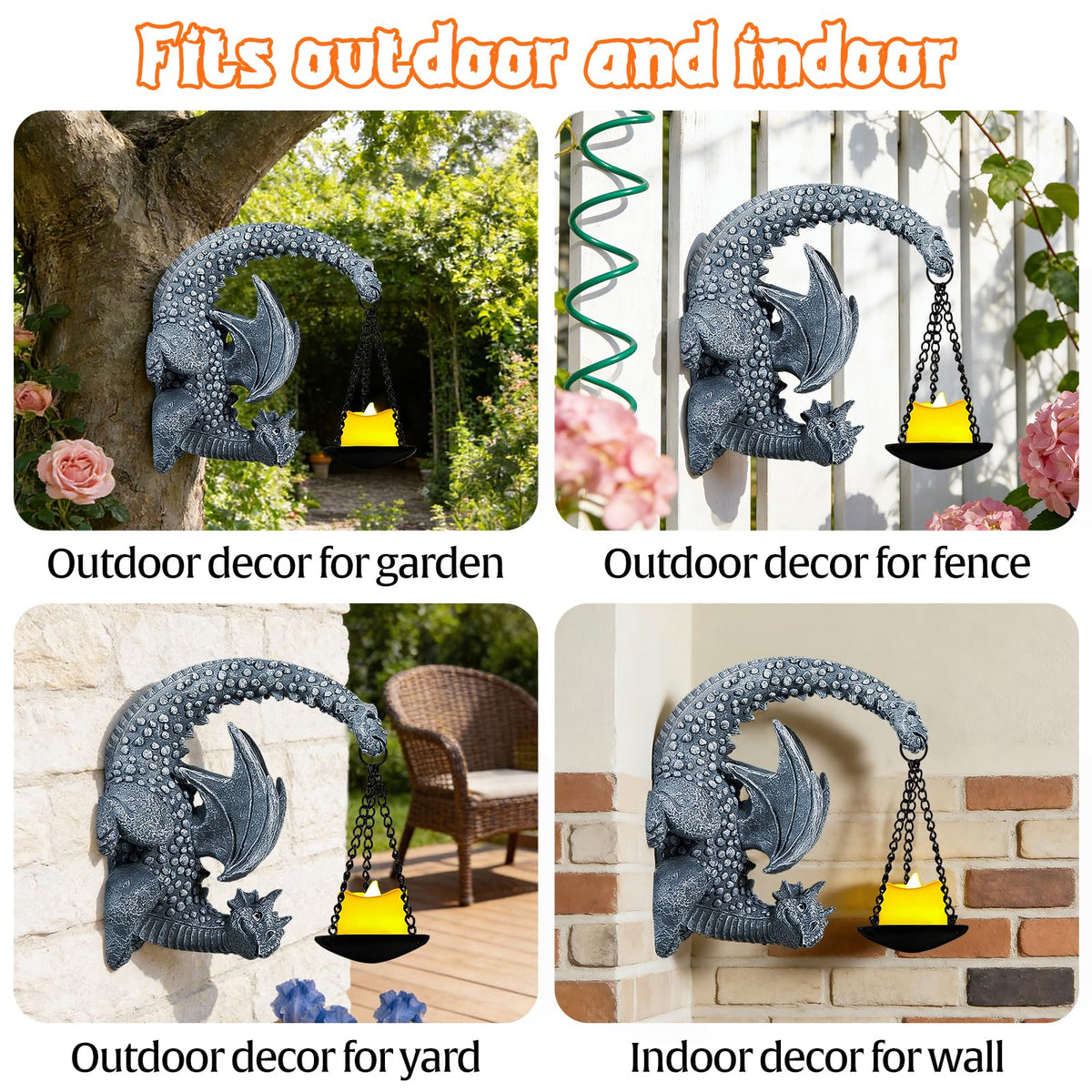 Dragon Wall Decor Outdoor Gothic Candle Holder Sculpture for Garden Patio Yard with Fantasy Dragon Statue Unique Dragon Gifts for Women Men Lovers Grey Stone