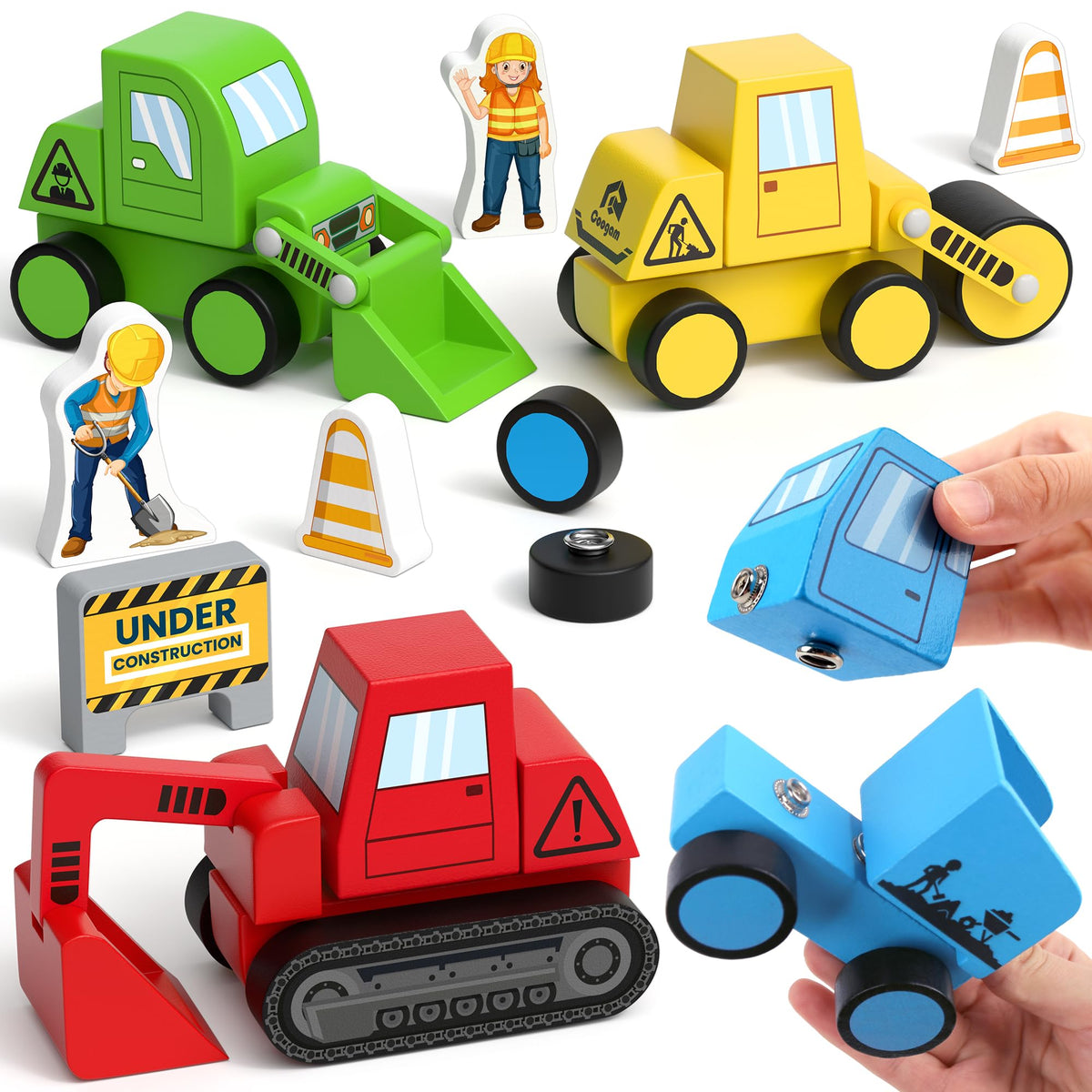 Coogam Snap Together Vehicle Toys for Toddlers, Wooden Montessori Take Apart Construction Engineering Car - Assembly Building Game, STEM Fine Motor Educational Toy Gift for Kids Ages 3-8