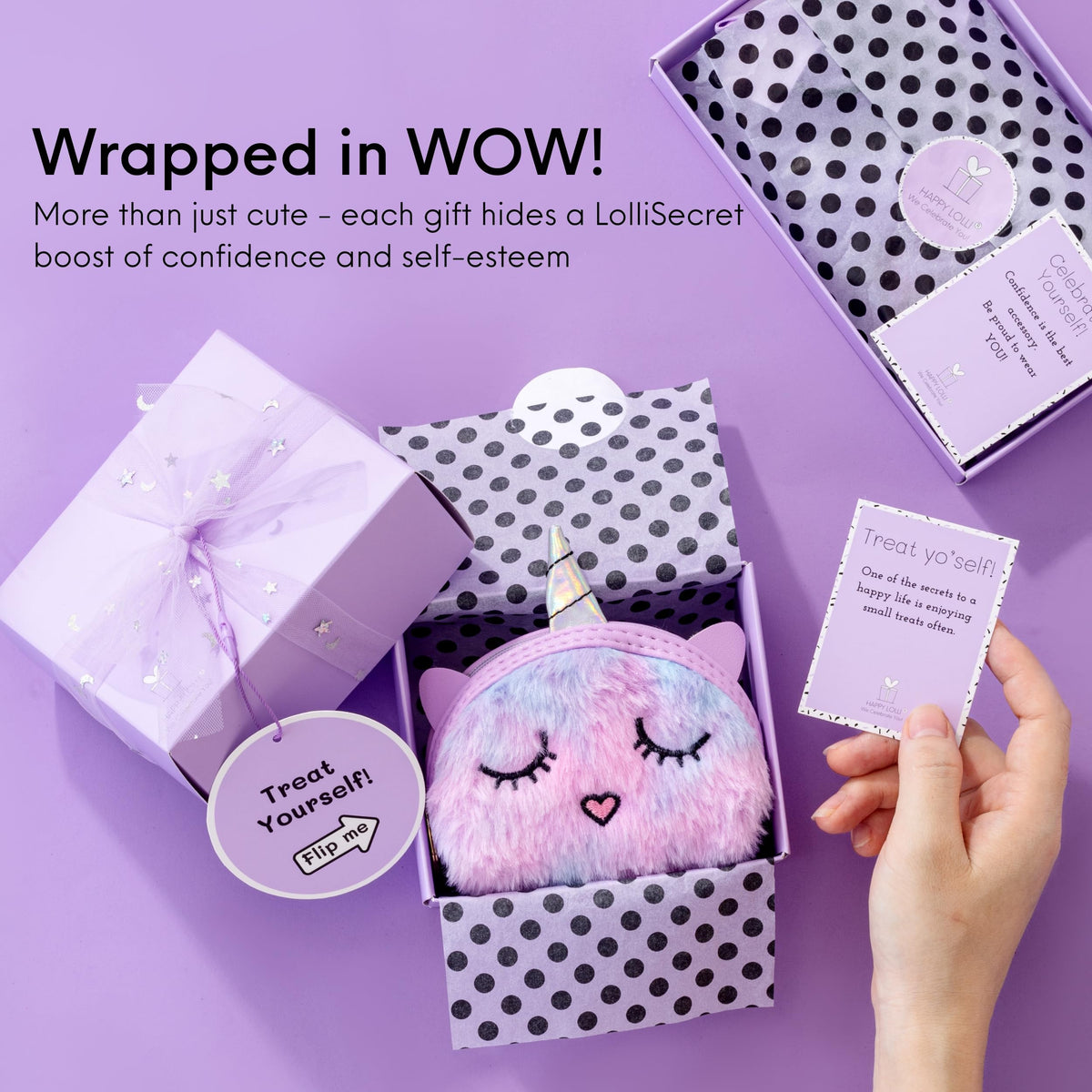 HAPPY LOLLI Purple LolliBox Gift Set for Tween & Teen Girls Ages 8–15, Birthday Gift Box, Ready-to-Gift Surprise Box with 8 Individually Wrapped Gifts & Empowering Challenges