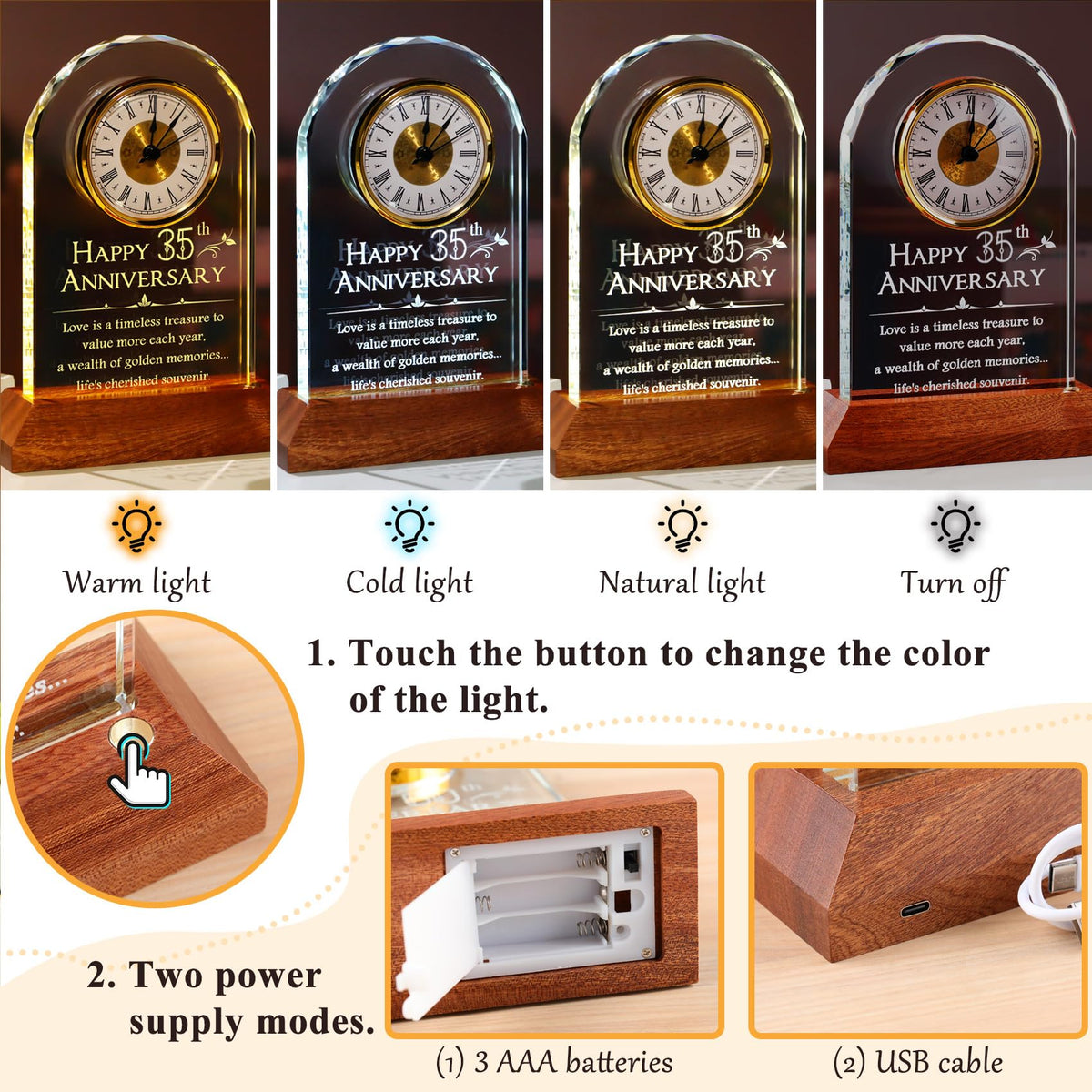 YWHL 35th Wedding Anniversary Clock Gifts for Couple, 35 Years for Wife Husband, Table Clock Glass Presents with Wooden Light Base for HomeDecoration (Battery not Included)