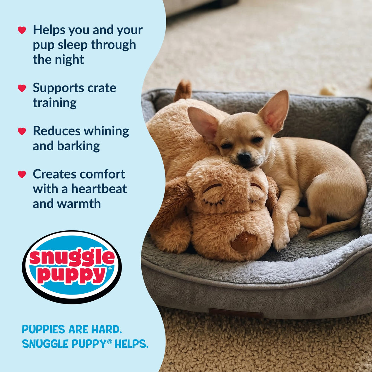 Snuggle Puppy Junior, Heartbeat Puppy Toy for Small Breeds, Smaller Plush Dog Toy with Real-Feel Pulse, Designed for Crate Use and Early Routines - Biscuit