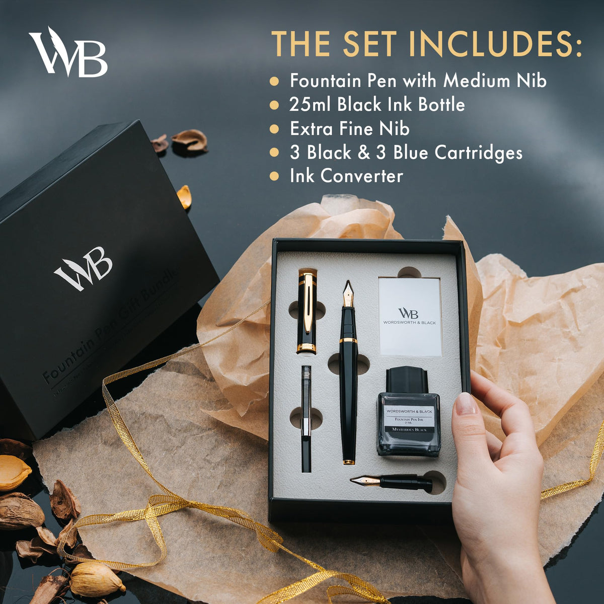 Wordsworth & Black Fountain Pen Set,18K Gilded Medium and Extra Fine Nib,25MLBlack Ink Bottle,6 Ink Cartridges,Refill Converter,Gift Box,Smooth Writing Pens [Black Gold],Gift Set for Men and Women