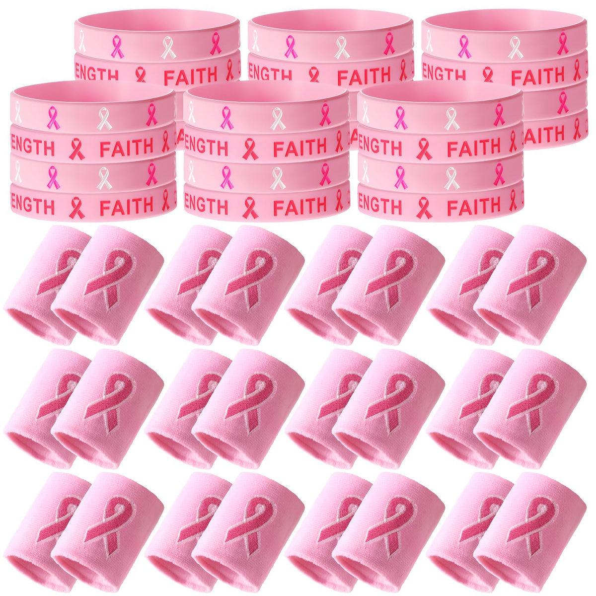 Wettarn 48 Pcs Breast Cancer Awareness Wristbands Silicone Pink Ribbon Cuffs Bulk Wrist Bands Football Inspiring Pink Sweatbands Awareness Gifts for Women Gym Athletic Sports Athletic Party Favors