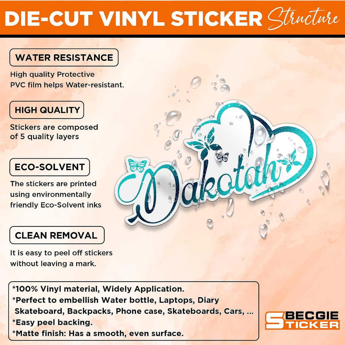 Custom Butterfly Floral Heart Name Sticker Personalized Text Flower Animal Lovers Colorful Waterproof Vinyl Sticker