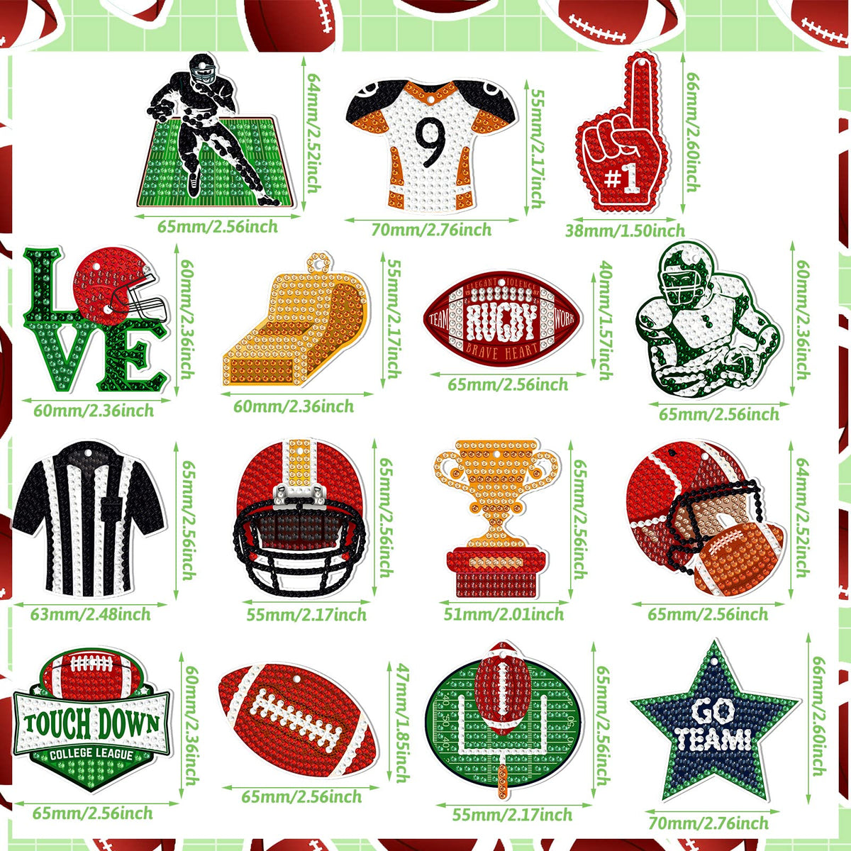 Yinkin 15 Pcs Football Diamond Art Keychains 5d Diamond Painting Keychain Football Party Decoration DIY Ornaments Pendant Kits for Adult