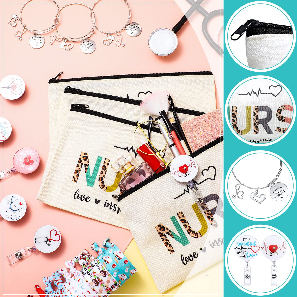Pajean 38 Pcs Nurse Week Gifts Set for Women Bulk Nurse Appreciation Gift with Makeup Bags, Badge Reels, Bracelets, Hair Ties for Nursing Graduation Practitioner Emt Rn Lpn Cna Survival Kit