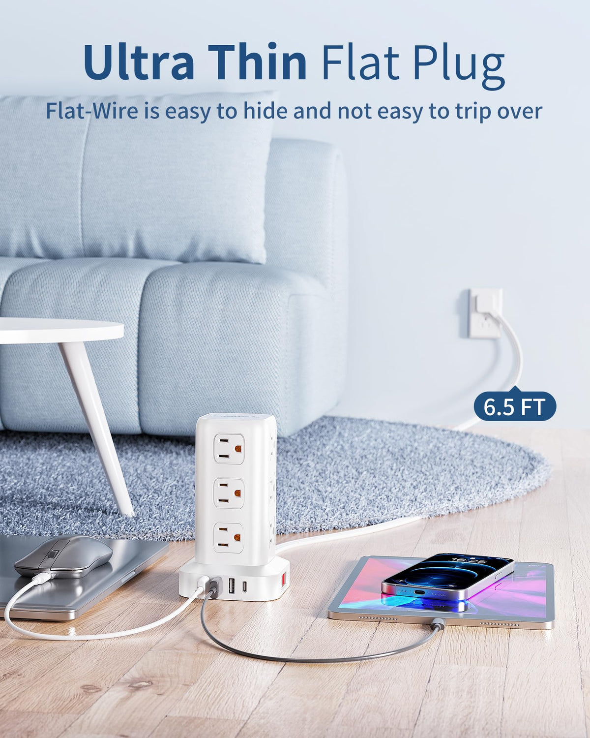 Extension Cord with Multiple Outlets, SMALLRT Flat Plug Surge Protector Power Strip Tower with USB 12 AC Outlets, 6.5FT Ultra Thin Extension Cord Outlet Extender for Home Office, Overload Protection