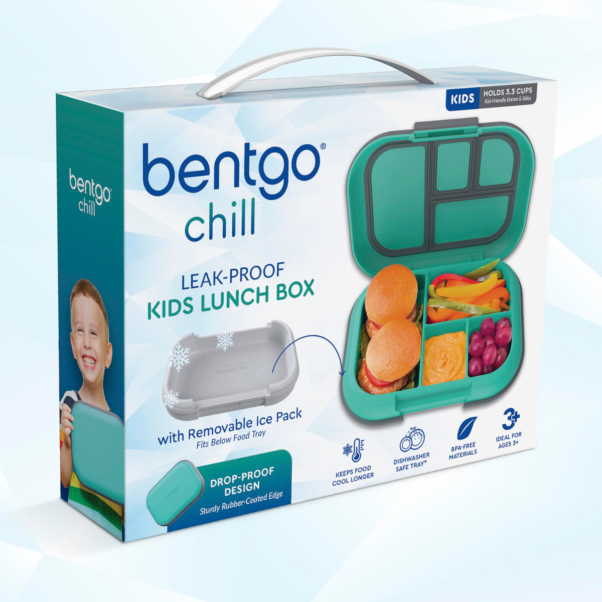 Bentgo Chill Kids Leak-Proof Lunch Box - 4-Compartment Bento Box with Built-In Ice Pack, 3.3 Cup Capacity, PFAS & BPA-Free, Microwave & Dishwasher Safe, Ideal Size for Ages 3 to 7 (Electric Aqua)