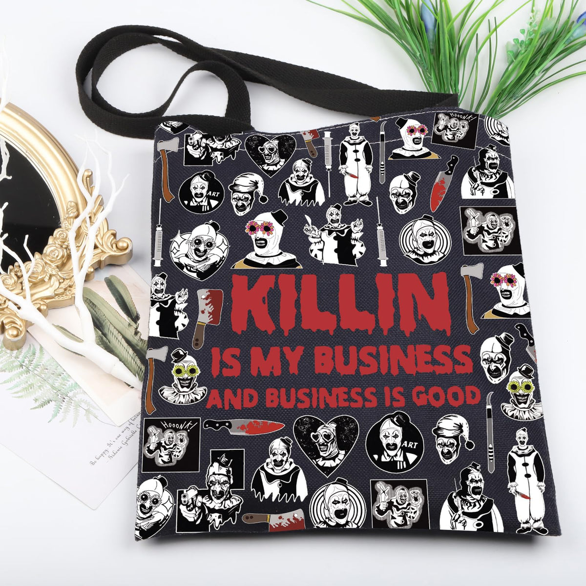 KUIYAI Clown Movie Merchandise Inspired Tote Bag KillerClown Canvas Bag Horror Movie Lover Gift Art Scary Clown Character Gift (BusinessGoodToteBlk)
