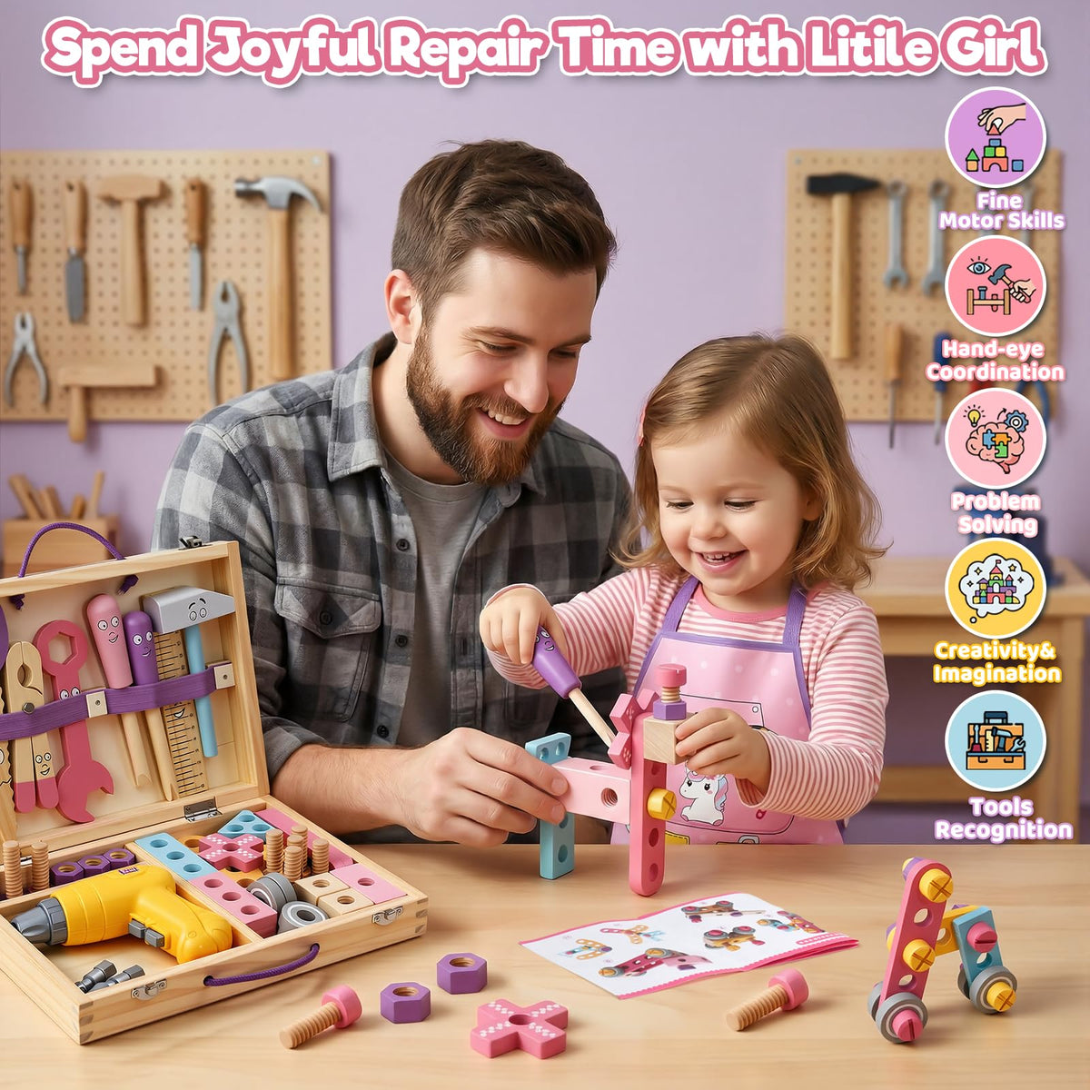 TONZE Pink Wooden Kids Tool Set with Drill 44Pcs Educational Montessori Toys for 3 Year Old Girl, STEM Toys Toddler Tool Set with Apron & Box Birthday Gifts for 3 4 5 6 Year Old Girls