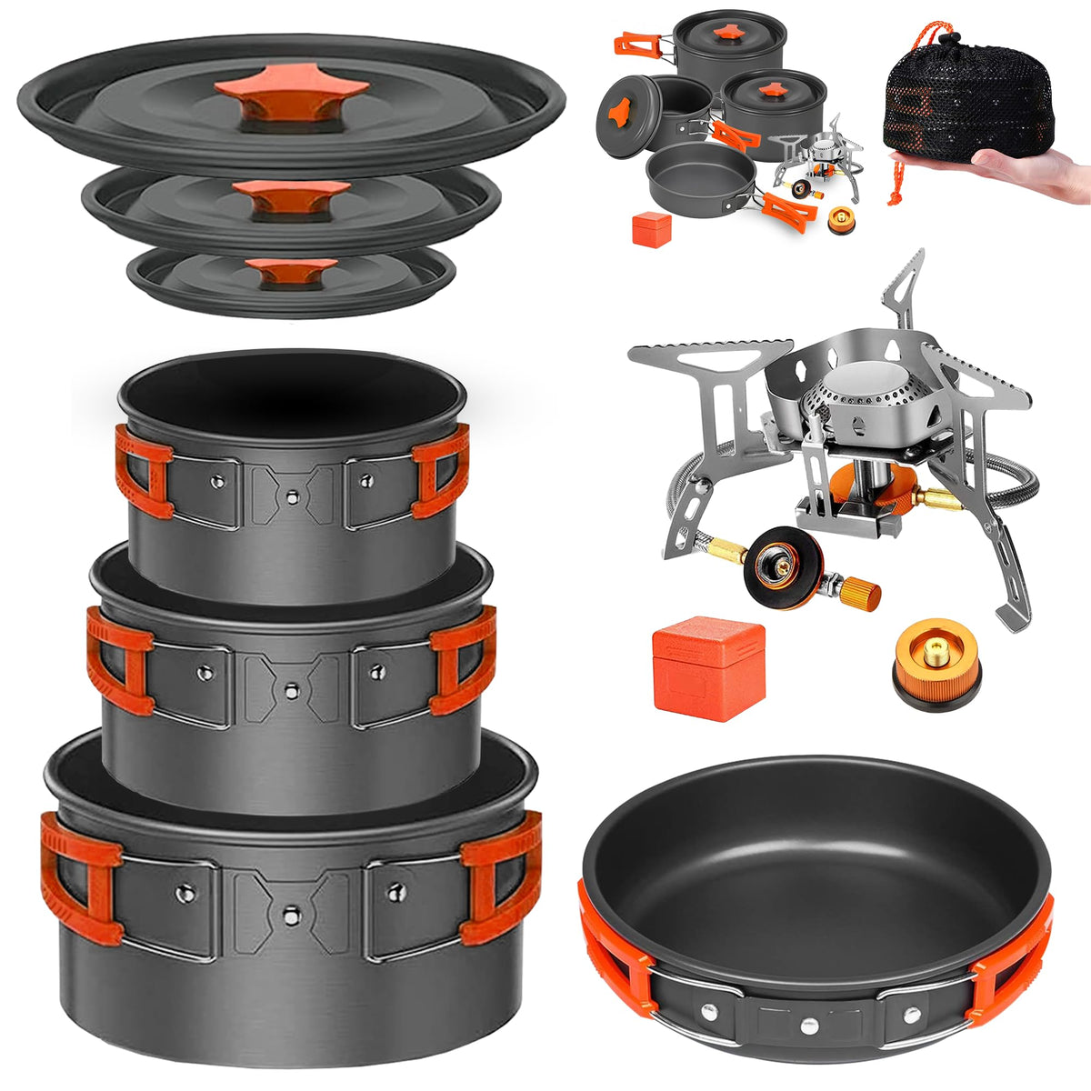10 Pcs Smokey Camp Backpacking Cooking Set with Stove & Adapter - 3 Pots Large Medium Small 1 Large Pan 1 Stove 1 Adpater, Compact Non-Stick Camping Cookware Mess Kit, All in One Hiking Picnic Outdoor