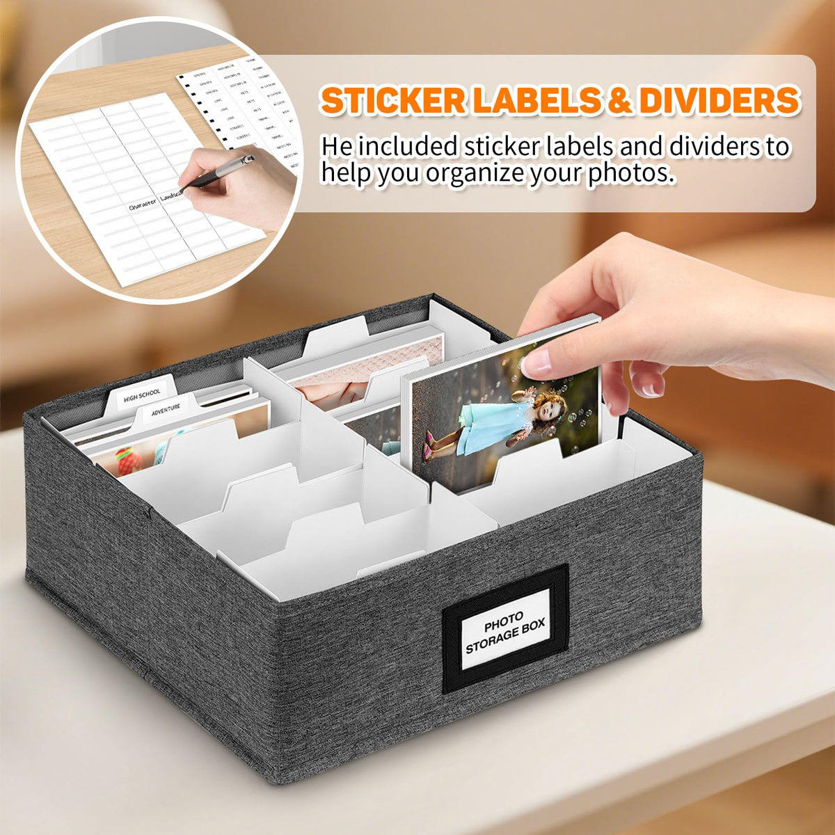 Photo Storage Box with Lid, Photo Organizer Box Fits Holds up to 1700 and 4x6 Pictures, with 8 Adjustable Dividers, 60 Labels, Photo Album Box for Envelopes, Scrapbooking, Recipes, Cards, Stamps
