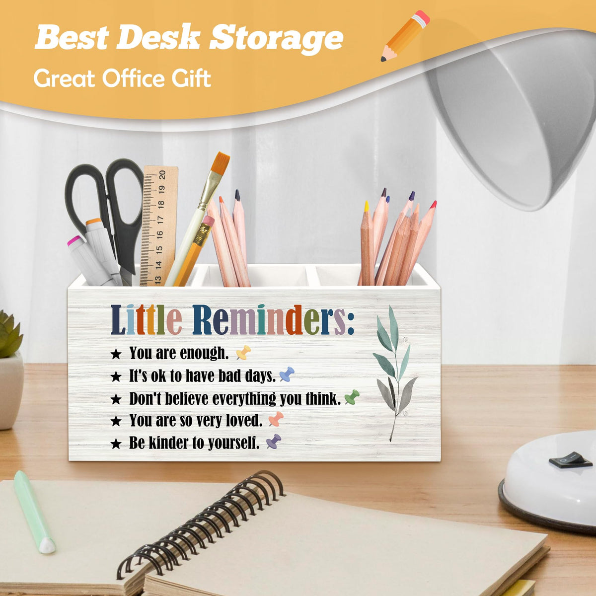 Yjeslw Little Reminders Inspirational Pen Holder Organizer for Desk Accessories, Positive Gifts, Mental Health Motivational Wooden Box Sign Desk Decorations for Home Bedroom Office Decor