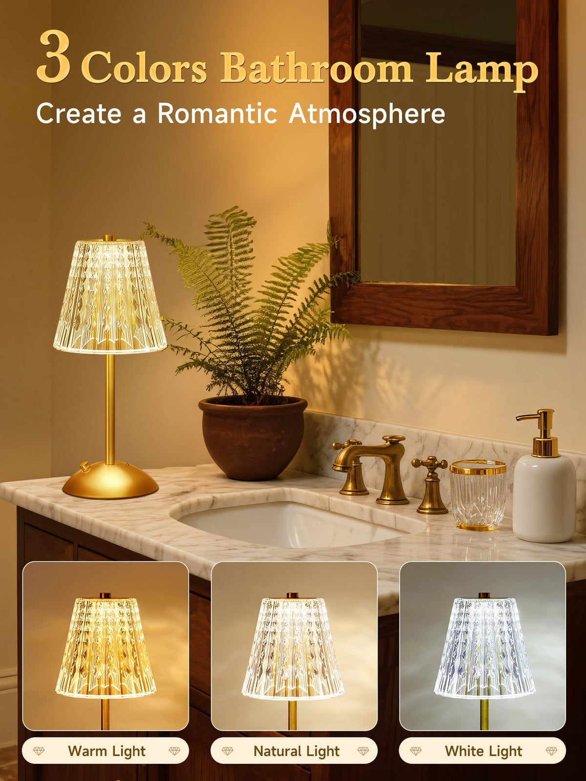 Upgraded Nightstand Lamps Set of 2, 3 Colors Dimmable Crystal Table Lamp Gold Lamp, Touch Lamp Bedroom Lamps, Rechargeable Small Lamp, Bedside Lamps Set of 2 for Bedroom Living Room Bathroom Hotel Bar