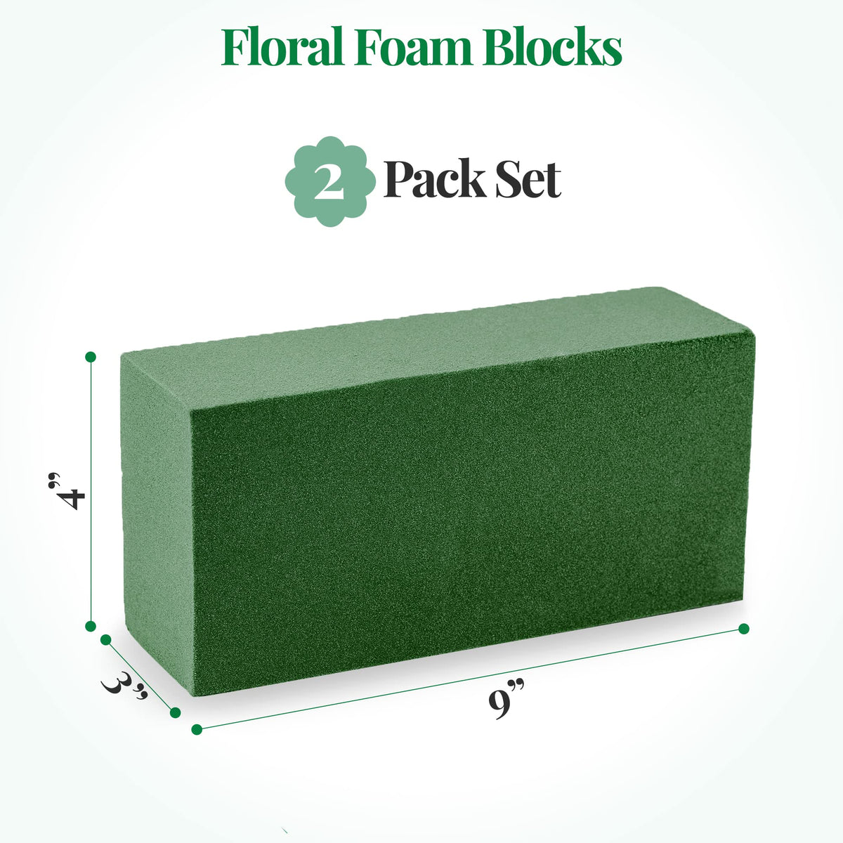 2 Pcs Floral Foam Blocks (Larger Size 9" X 4" X 3" Each) Florist Flower Foam Green Bricks Applied Dry or Wet Flower Foam Bricks Arrangement Supplies for Artificial or Fresh Flowers