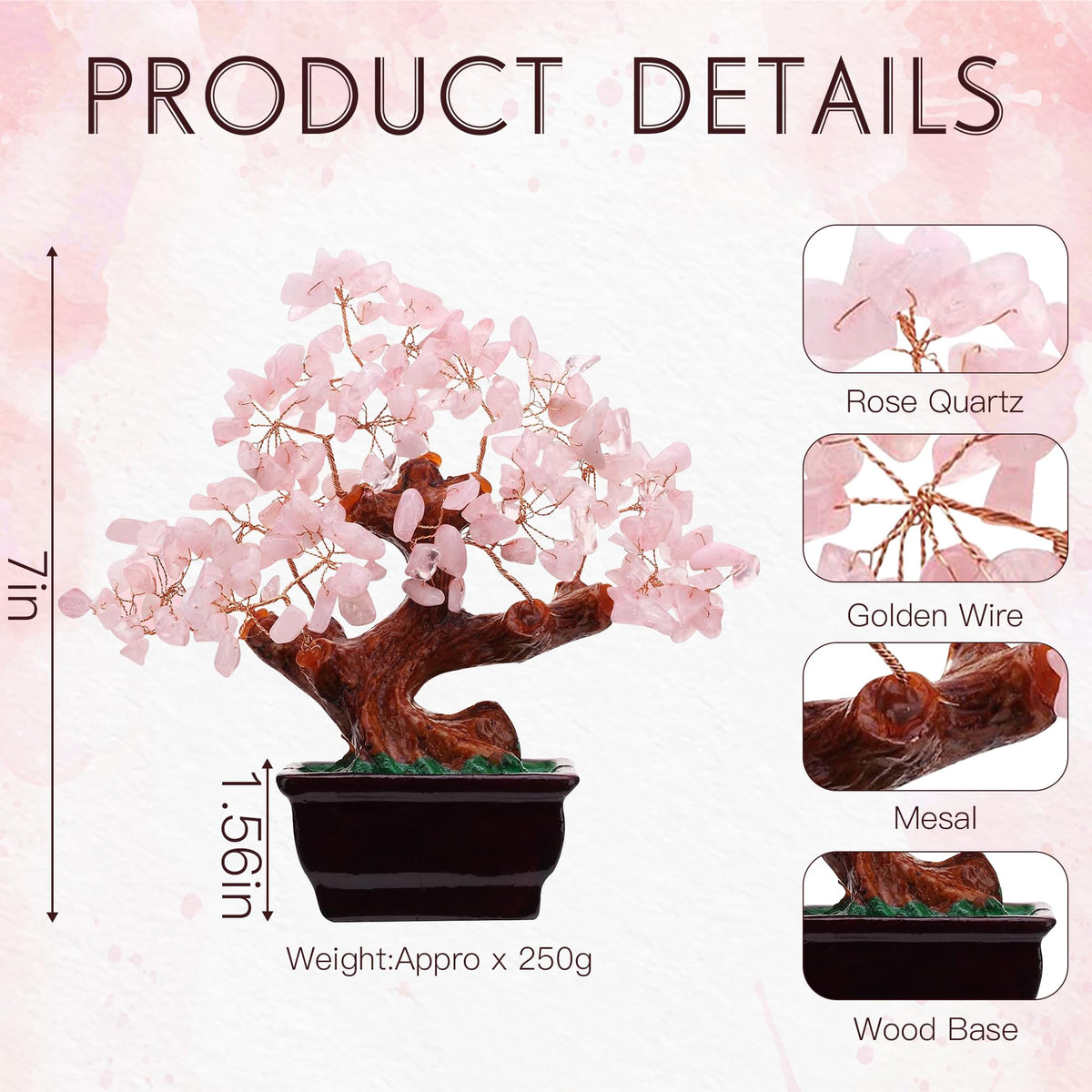Parma77 Feng Shui Natural Rose Pink Quartz Crystal Money Tree, Healing Crystal Trees Bonsai Style Decoration for Wealth and Luck for Home Decor, Gifts for Women