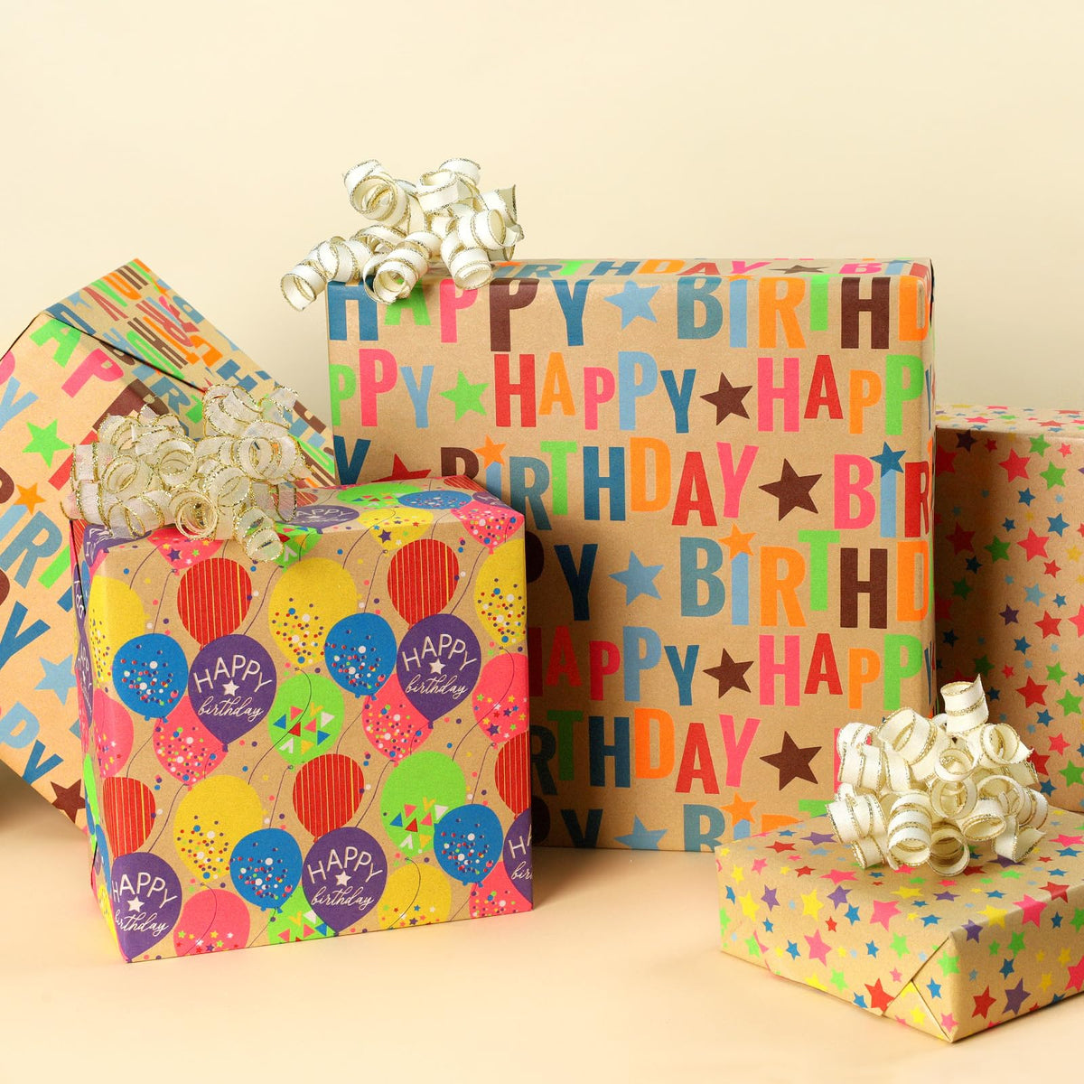 BIOBROWN Kraft Birthday Wrapping Paper - Mini Roll - 17 inch X 120 inch Per Roll - Colorful Text Happy Birthday Balloon Star Design for Party, Baby Shower, Holiday