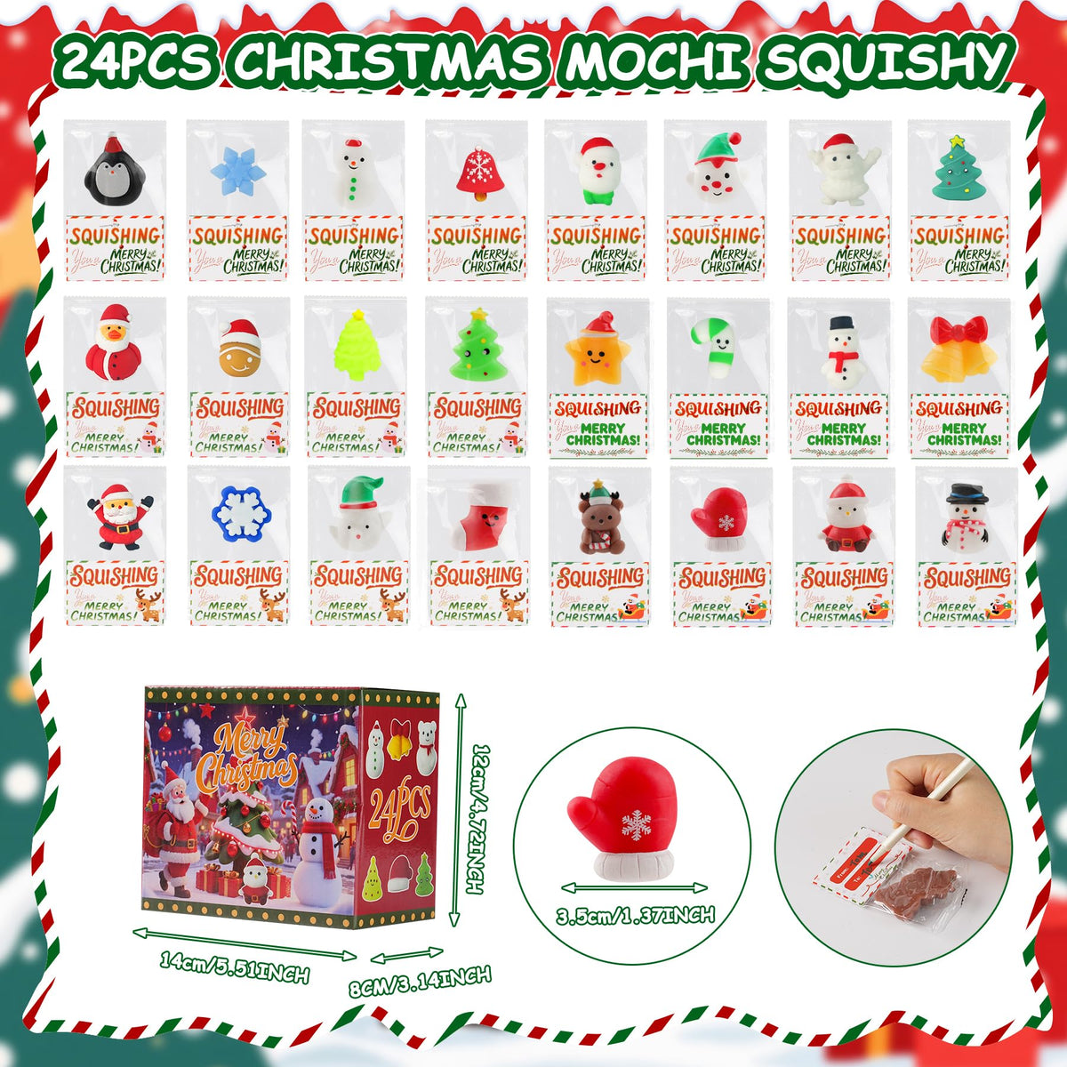 24Pack Christmas Mochi Squishy,Christmas Party Favors, Christmas Classroom Favors,Bulk Squishy Toys, Goodie Bag Basket Fillers,Christmas Treats Non Candy for Kids