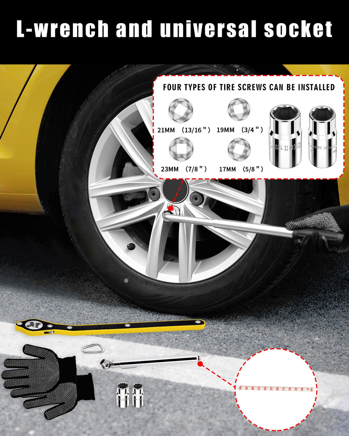 1.5-ton Scissor Jack in Your car's Roadside Emergency kit, Must-Have Spare tire Replacement Stand Tool for Your Vehicle, Telescoping Lug Nut Removal Tool, Ratchet Wrench, Tire Pressure Gauge (1.5T)