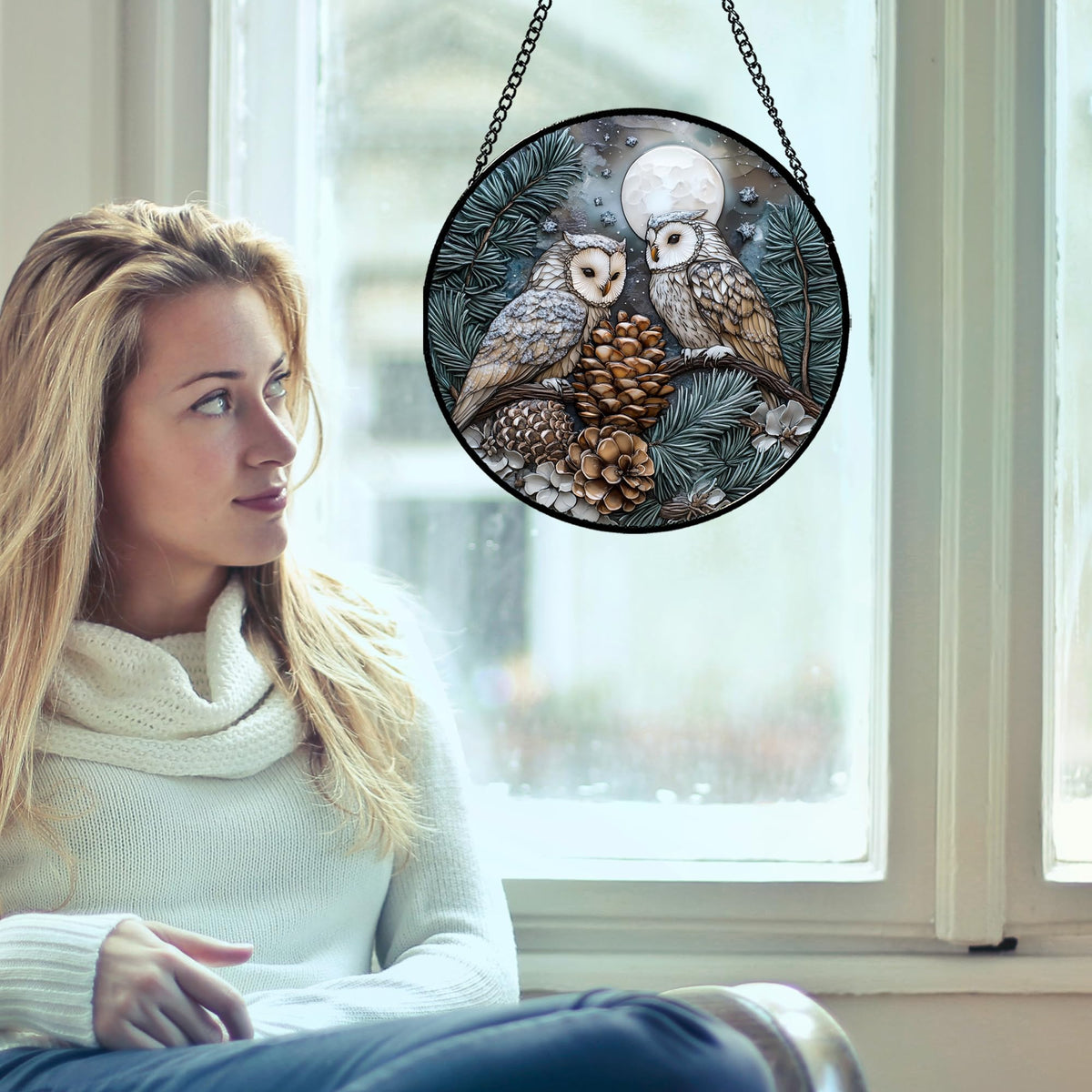 CRISGIF Stained Glass Window Hanging - Owl On A Tree Suncatcher for Doors Garden Patio Winter Scene Sun Catchers Decor Christmas Mother's Day Birthday Gifts for Women Men Mom Nana Friend 6.3 in