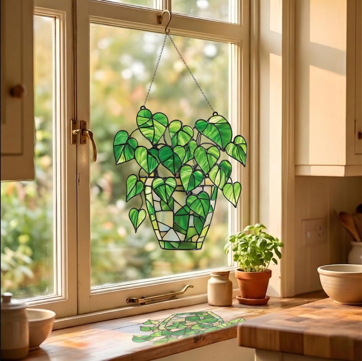 Pothos Monstera Pot Handmade Resin Suncatchers, Artisan Boho Sun Catcher Stained Glass Effect Window Hanging Garden Decor, Gift for Mother's Day Mom Grandma Wife Women
