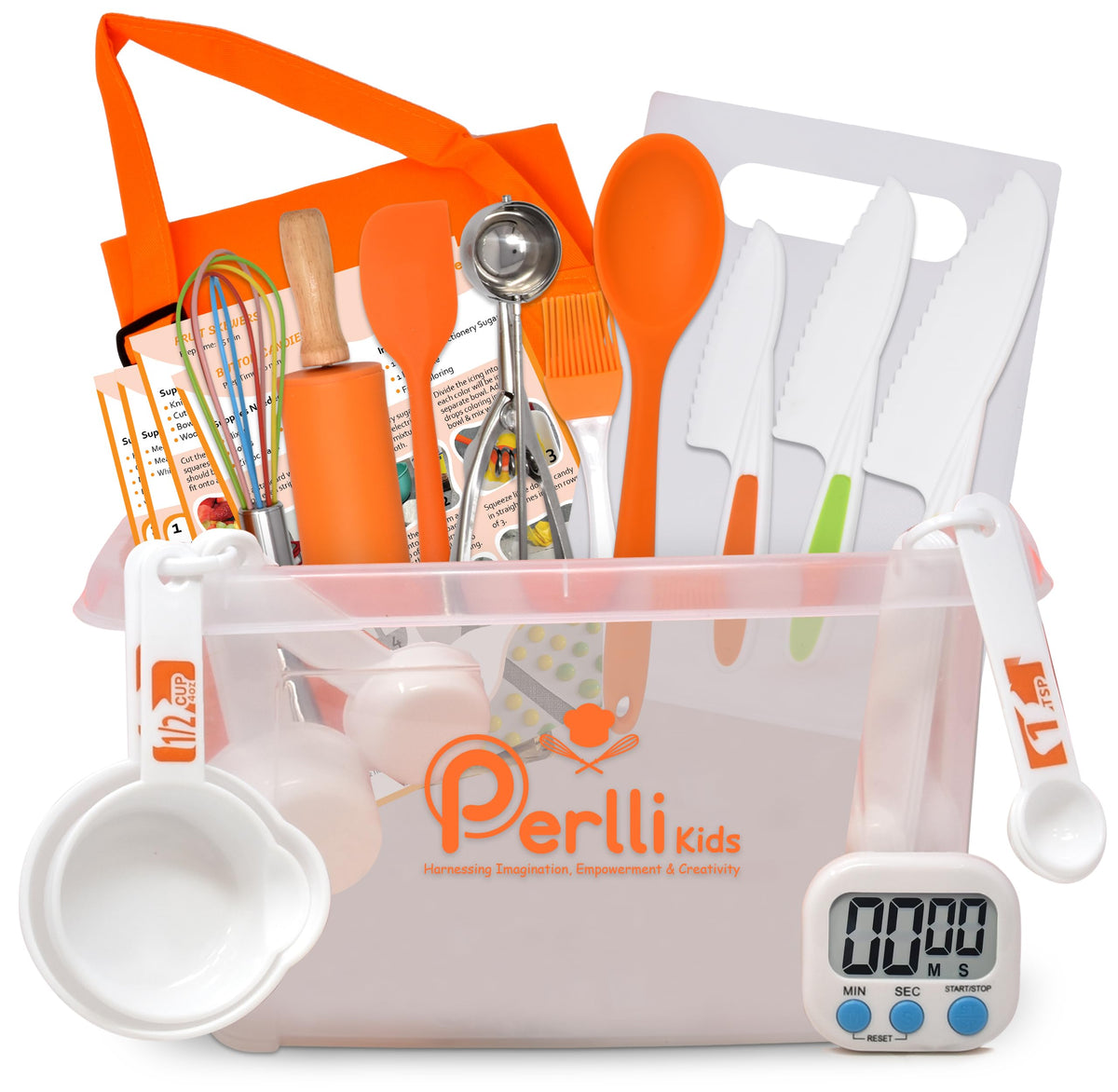 PERLLI Kids Real Cooking Set for Cooking and Baking – 31 Pc. Gift for Junior Chef with Real Utensils, Case & Safe Kids Knife Set for Boys & Girls – Fine Motor Skills & Fun for Children Ages 6+, Orange