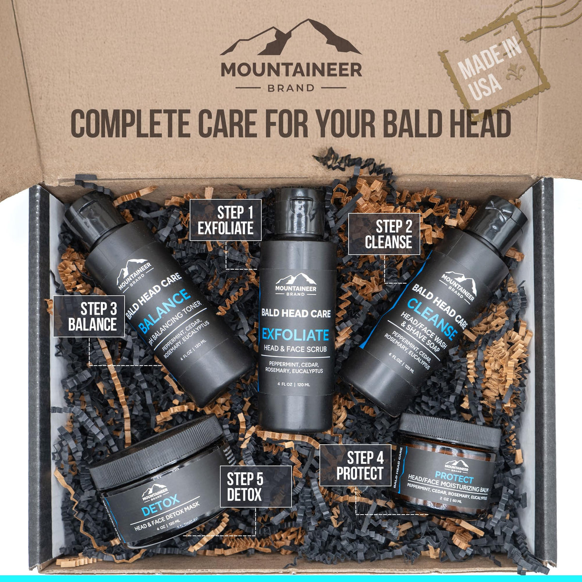 Mountaineer Brand Ultimate Bald Head Care Gifts Bundle For Men | All Natural 5 Step Skin Care for Healthy Scalp & Face | Exfoliate Scrub | Cleanse Wash | Shine Away | Moisturizing Balm | Detox