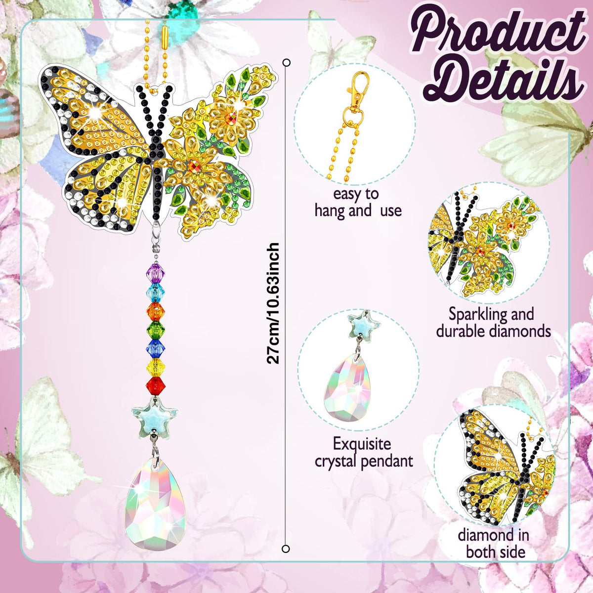 Tradder 6 Pcs Spring Butterfly Diamond Painting Wind Chimes Diamond Painting Suncatcher Art Kit Double Sided Butterfly Ornaments 5d Rhinestone for Spring Home Garden