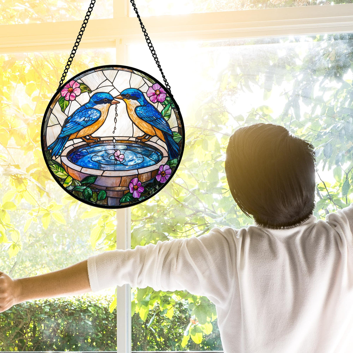 DASTOLL Stained Glass Window Hanging, 2 Blue Birds Suncatcher Diamond Glass Panel Hangings Bird Lover Sun Catchers Decor for Birthday for Women, Men, Wife, Aunt, and Mom 6.3 in