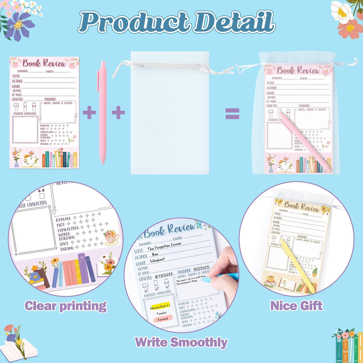 L1rabe Flower Book Review Notepad Set - Back to School Gift 12 Reading Journal Tracking Notepads 12 Pens 12 Organza Bags for Book Lovers Readers Bookish Bookworm Gift, Reading Log for Students Women