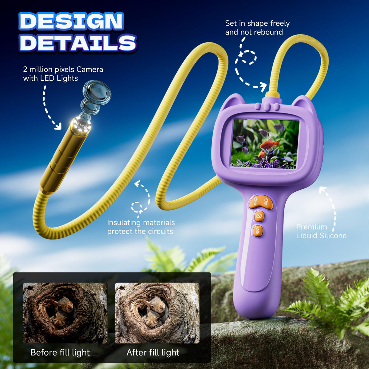 Borescope Snake Camera with Light for Kids，STEM Endoscope Educational Toy Kit，Outdoor Camping Nature Science Exploration Hoilday Birthday Gift for Boys & Girls Ages 3+ Years Old (Purple)