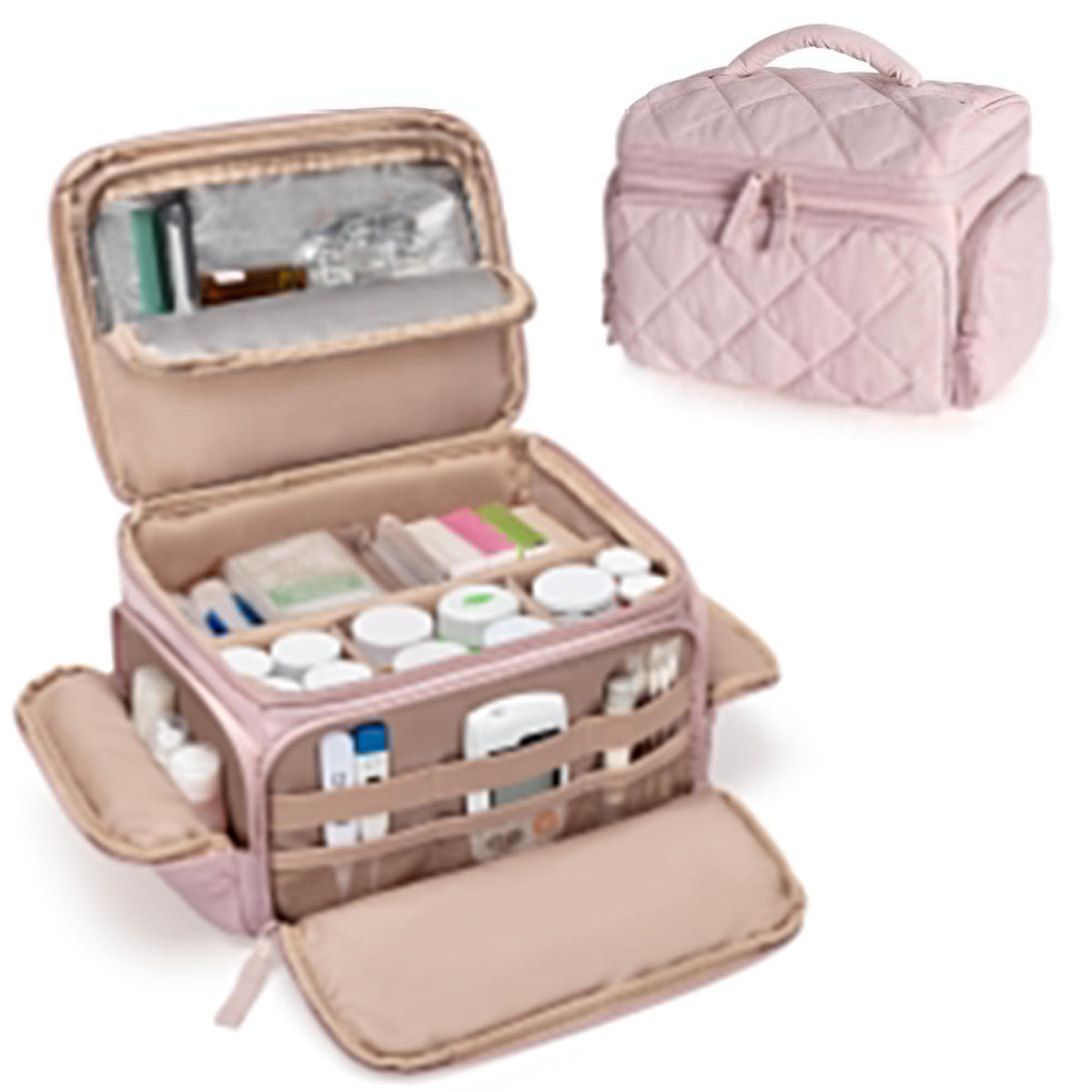 Marscamd Medicine Organizer Bag with Insulated Pocket for Travel, Pill Bottle Storage Case with 4 Customized Dividers for Medication, Insulin and First Aid Supplies, Pink (Bag ONLY)