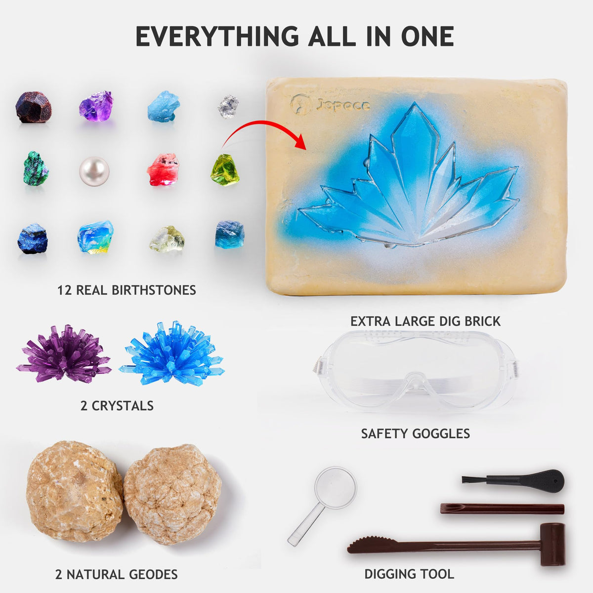 Japace Earth Science Kits for Kids Age 4-6-8-12-14, Birthstone Gemstone Dig Kit, Geology Kit with Break Your Own Geodes, Crystal Growing Experiment, Rock Mining Kit Birthday Gifts Toys for Boys Girls