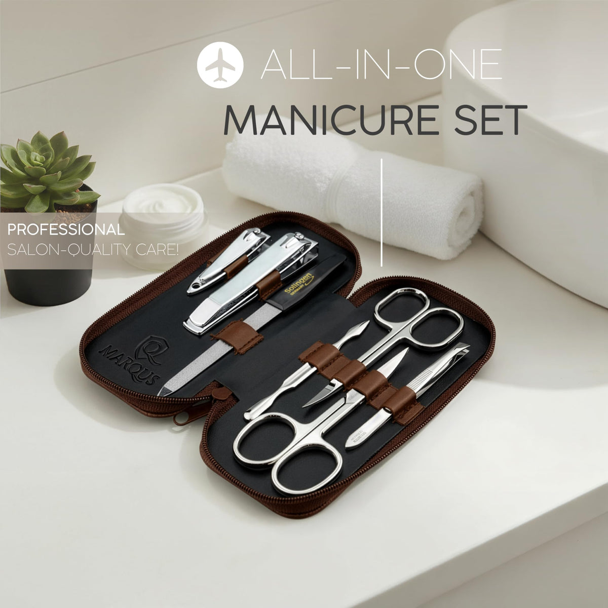 Manicure Set Solingen Made in Germany - 7 Piece Exclusive Finger & Toe Nail Clippers Kit for Women and Men in Real Leather Case, Color Brown