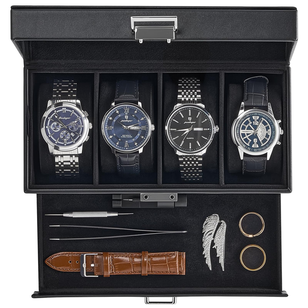 ProCase Watch Case, 4 Slot Mens Watch Box Holder Organizer with Glass Lid, 2-Layer Watches Display Case, Mens Jewelry Box with Drawer, Birthday Valentine Gifts for Men Women -4 Slot, Black