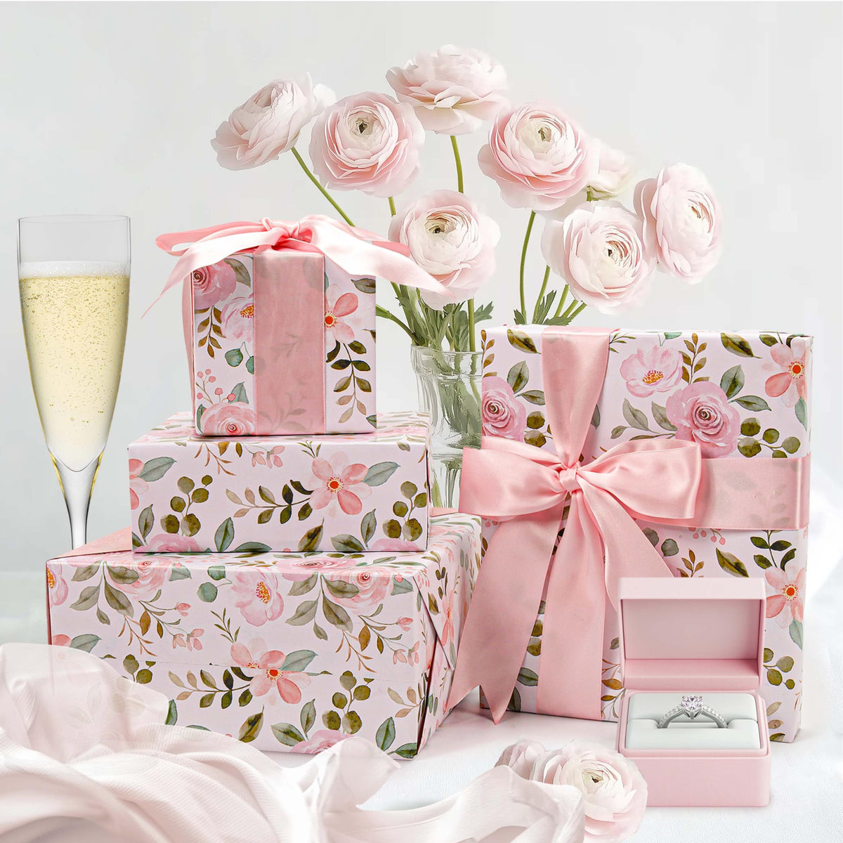 BIOBROWN Reversible Floral Wrapping Paper Roll - 17 Inches X 33 Feet (47 sq. ft. ttl.) Pink Watercolor Roses Design Flower Gift Wrap for Mother's Day, Wedding, Bridal Shower, Valentine's Day