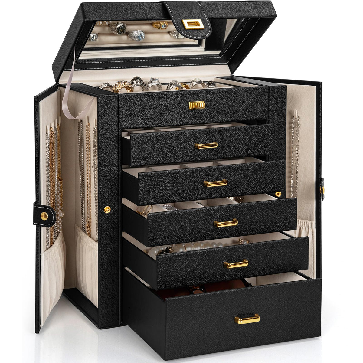 AKOZLIN Jewelry Box Organizer Functional Leather Jewelry Storage Case for Women Girls Ring Necklace Earring Bracelet Holder Organizer with Mirror Black